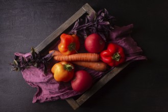 Orange and red vegetables on a red napkin in a wooden box dark photo
