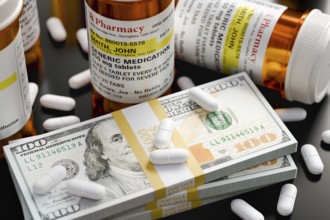Prescription medicine bottles and pills next to stacks of 100 dollar bills