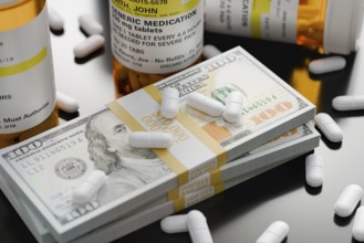 Prescription medicine bottles and pills next to stacks of 100 dollar bills