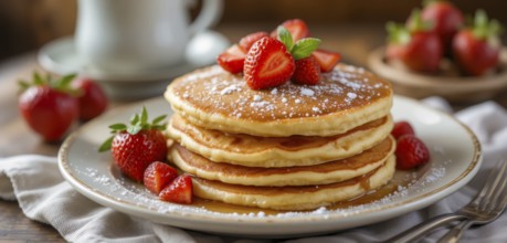 A mouthwatering stack of golden pancakes is adorned with juicy strawberries and a dusting of