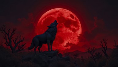 A lone wolf stands silhouetted against a vibrant red moon, howling in a dramatic and surreal