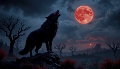 A black wolf stands atop a rock, silhouetted against a dramatic night sky with a large red moon.