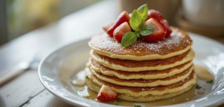 A delicious stack of pancakes is beautifully presented with fresh strawberries, mint leaves, and