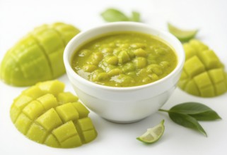 A vibrant image showcasing a bowl of green mango chutney surrounded by fresh, diced mango and lime