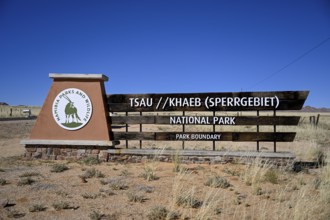 Sign at the entrance to Tsau//Khaeb National Park, diamond restricted area, near Aus, Karas Region,