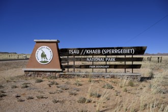 Sign at the entrance to Tsau//Khaeb National Park, diamond restricted area, near Aus, Karas Region,