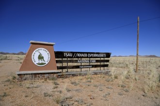 Sign at the entrance to Tsau//Khaeb National Park, diamond restricted area, near Aus, Karas Region,