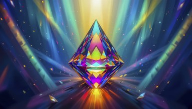 A stunning, radiant diamond is the focal point, surrounded by a mesmerizing display of colorful