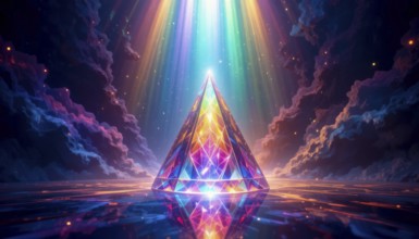 A vibrant, geometric pyramid glows with internal light, surrounded by colorful clouds and beams of