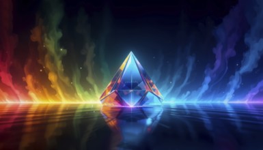 A vibrant, abstract artwork featuring a crystal pyramid reflecting colorful light, creating a