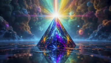 A vibrant, glowing pyramid radiates light in a surreal, colorful landscape with celestial clouds