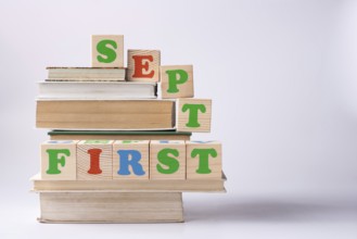 Wooden cubes with the inscription First sept stands on a stack of books copy space