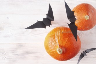 Orange pumpkins and black paper bats on white plank background