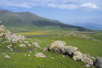 Green hilly landscape with rocks and mountains in the background under a slightly cloudy sky,