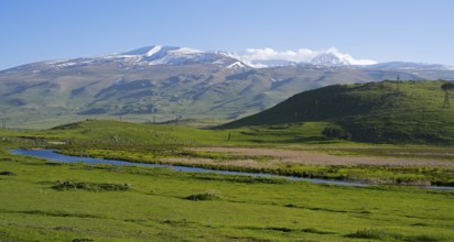 A wide view over a green valley with snow-capped mountains under a clear sky, landscape near Rya