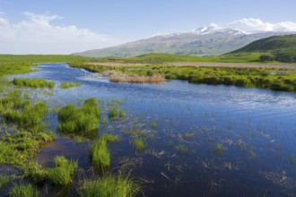 A calm lake surrounded by green meadows and hills with a snow-capped mountain in the background