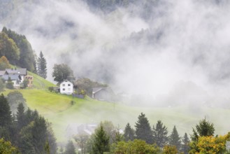 Houses in the fog, autumn warmth, autumn, Innterlaterns, Furkajoch, Vorarlberg, Austria