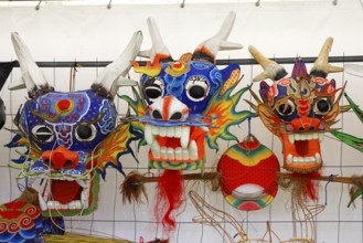Kite festival, international kite festival, exhibition tent with Asian-style kite heads, Dieppe,