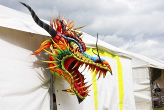 Kite festival, international kite festival, exhibition tent with Asian-style kite head, Dieppe,