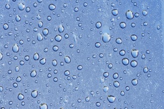 Drops of water on a blue surface, North Rhine-Westphalia, Germany
