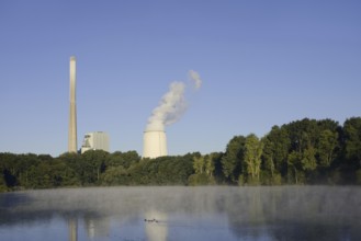 Beversee nature reserve and coal-fired power station in Bergkamen-Heil, Bergkamen, North