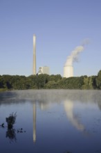 Beversee nature reserve and coal-fired power station in Bergkamen-Heil, Bergkamen, North