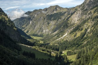 View of the Oytal valley and the Allgäu Alps, near Oberstdorf, Oberallgäu, Allgäu, Bavaria, Germany