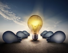 Light bulb with industry network, mind, analysis solution . Creative concept with a light bulb, AI
