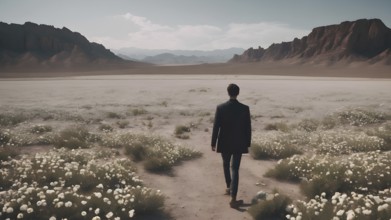 Man standing on dry cracked clay crust in desolate desert. Climate change and global warming. AI