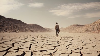 Man standing on dry cracked clay crust in desolate desert. Climate change and global warming. AI