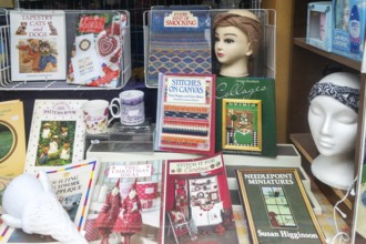 Shop window display books materials for stitching and smocking, Make Do And Mend shop, The Brittox,