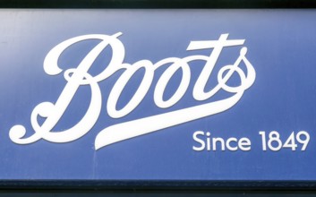 Close up of Boots chemists shop logo, Devizes, Wiltshire, England, UK trading since 1849