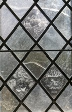 Glass engraved memorial panes, St Mary's church, Alton Barnes, Wiltshire, England, UK designed by