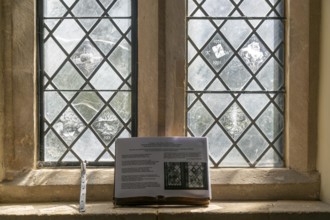 Glass engraved memorial panes, St Mary's church, Alton Barnes, Wiltshire, England, UK designed by