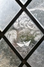 Glass engraved memorial panes, St Mary's church, Alton Barnes, Wiltshire, England, UK designed by