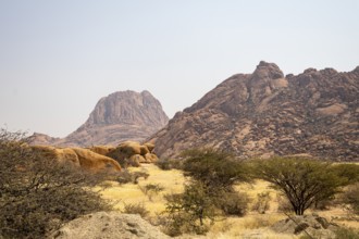 Granite peaks and rugged desert landscape at Spitzkoppe Community Campsite, Namibia. Golden