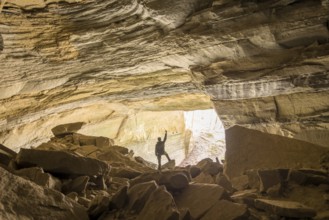 Explorer, adventure, cave, quarry, explore, hero, joy, victory, achieved, achieve goals, goal