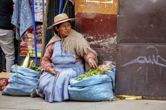 Woman in traditional dress selling vegetables on the street in Peru, Bolivian Indio woman selling
