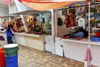 A lively meat market with customers and colourful illustrations in the background, The meat market