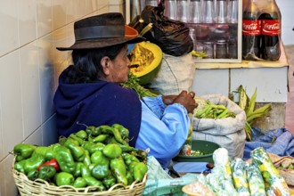 A woman sells vegetables at a market surrounded by colourful ingredients and objects, market stall