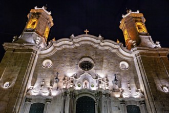 Illuminated façade of a historic church with impressive towers at night, The churches of the city