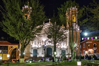Illuminated church at night surrounded by trees and celebrating people, The churches of the city of