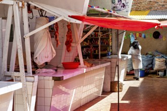Market stall with meat on display, under a red sunshade, woman in the background, bright sunny day,