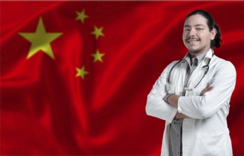 China Health and Care concept. Male doctor on China flag. Doctor with crossed arms on China flag