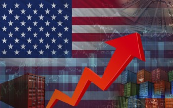 Concept of export tariffs on the United States flag. Boom in international trade and business in