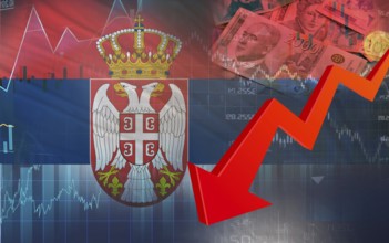 Concept of Serbia financial fall. Serbia financial decline on a market chart