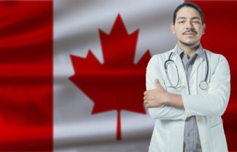Male doctor on Canada flag. Doctor with crossed arms on Canada flag. Canada health and care concept