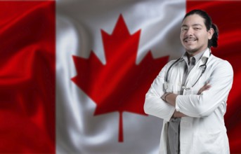 Canada Health and Care concept. Male doctor on Canada flag. Doctor with crossed arms on Canada flag