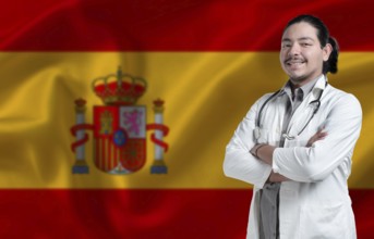 Spain Health and Care concept. Male doctor on Spain flag. Doctor with crossed arms on Spain flag
