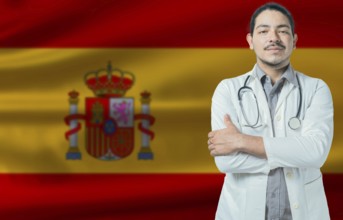 Male doctor on Spain flag. Doctor with crossed arms on Spain flag. Spain health and care concept